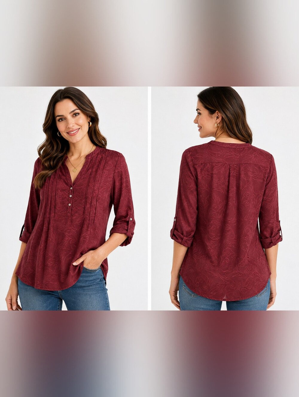 🍷 Ava & Grace Burgundy Embroidered Roll-Tab Tunic Blouse Large